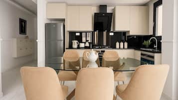 Apartment | Private kitchen | Fridge, microwave, oven, stovetop