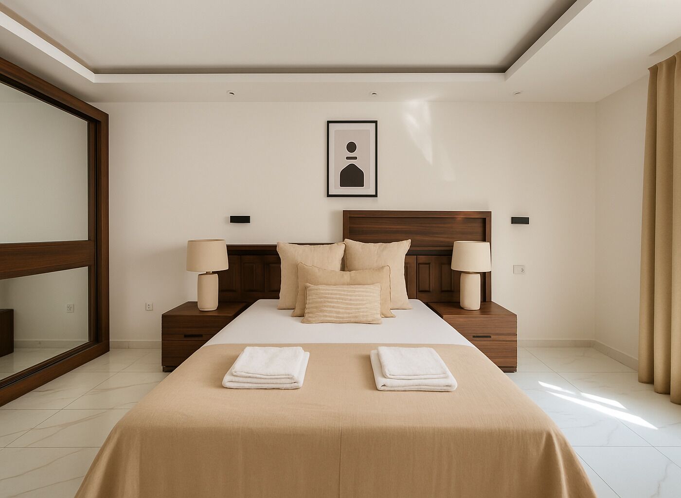 A hotel room with a large bed, two bedside tables, and a mirror.