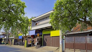 Une vue de rue avec un immeuble à la façade bleue et jaune, une zone délimitée par une clôture marron et des arbres aux feuilles vertes.
