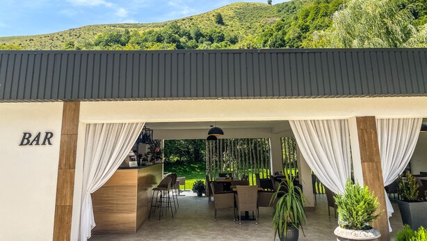 A covered outdoor seating area with a bar, featuring a view of a green hillside. - Pensiunea AN de AN (Remeţi)