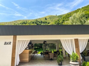 A covered outdoor seating area with a bar, featuring a view of a green hillside. - Pensiunea AN de AN (Remeţi)