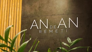 A wall with the text "ANAN DEAN REMETI" and a wooden slat design on the left. - Pensiunea AN de AN (Remeţi)