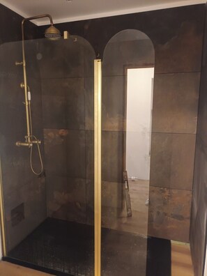Ducha, secador de pelo, toallas, jabón