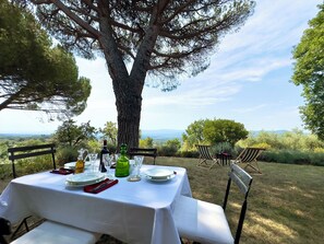 An outdoor dining table set with plates, glasses, and cutlery, surrounded by chairs, with a large tree and scenic view in the background. - Podere Cellaino - An Authentic Tuscan Barn (Toscana)