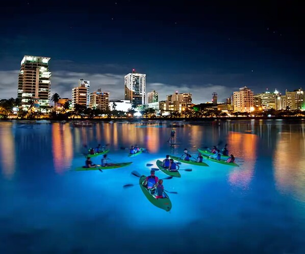 A nighttime cityscape with a calm waterfront reflecting buildings and kayaks.