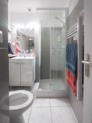 Shower, hair dryer, towels, soap