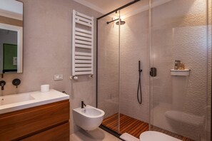 Shower, hair dryer, bidet, towels