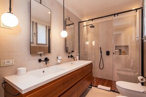 Shower, hair dryer, bidet, towels