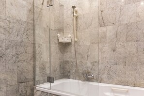 Hair dryer, towels, soap, shampoo