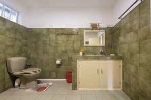 Ducha, bidet, jabón, papel higiénico