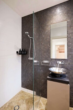 Shower, hair dryer, shampoo