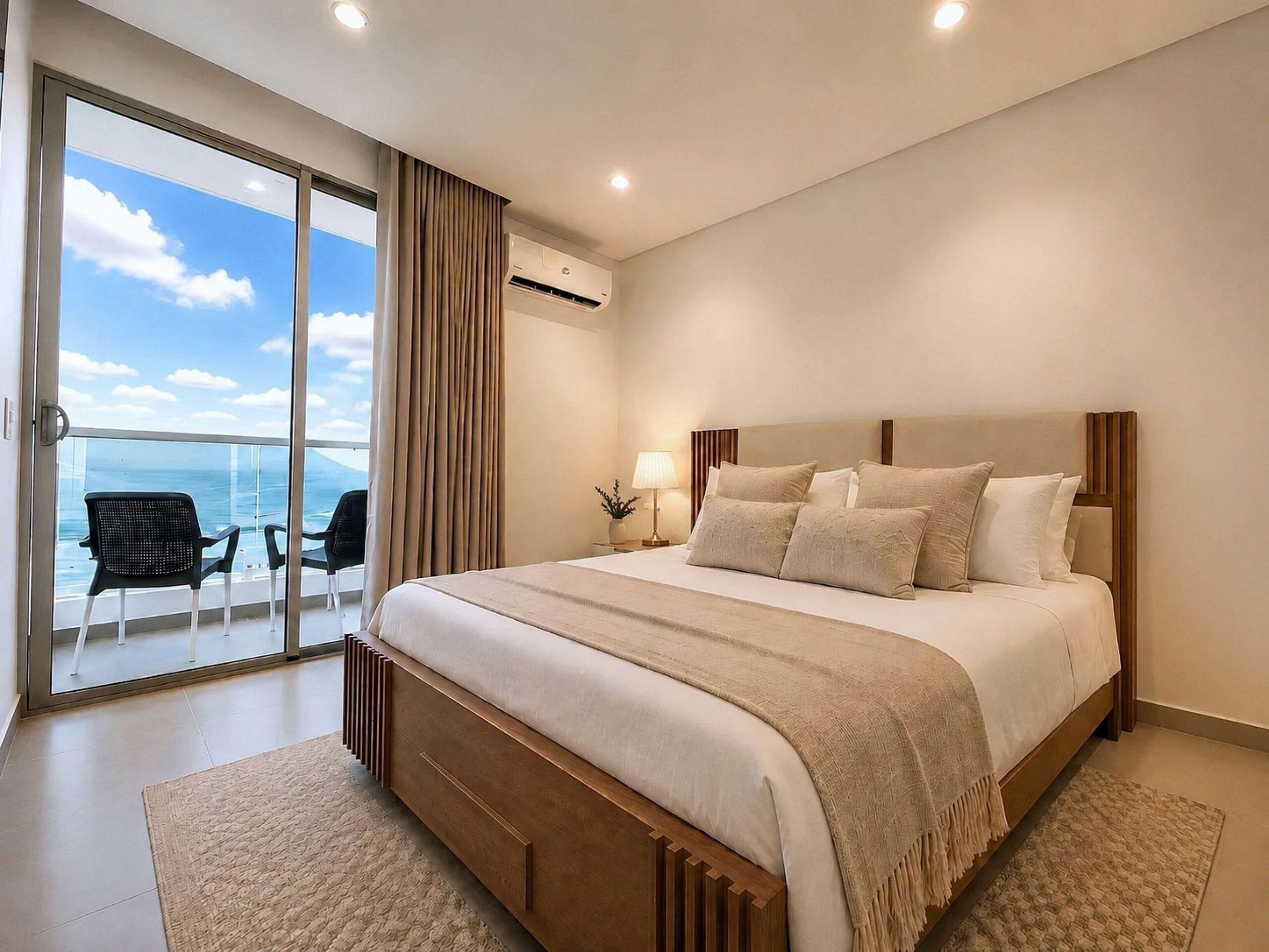 A modern hotel room with a large bed, a balcony with chairs, and a view of the sea.