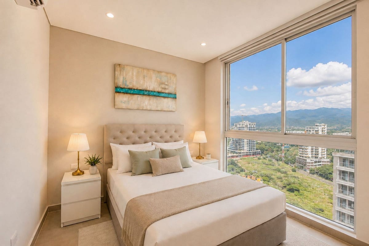 A bedroom with a large bed, two bedside tables, a window with a city view, and a painting on the wall.