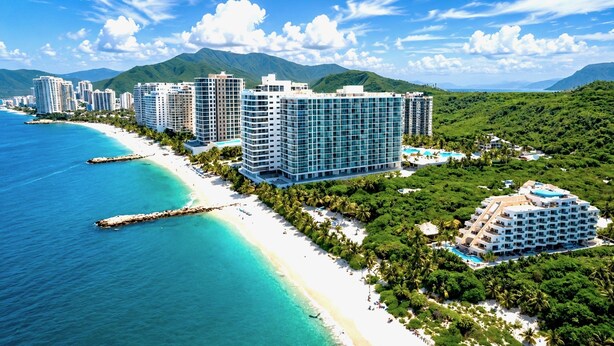 A coastal hotel with multiple high-rise buildings, a beach, and lush greenery.