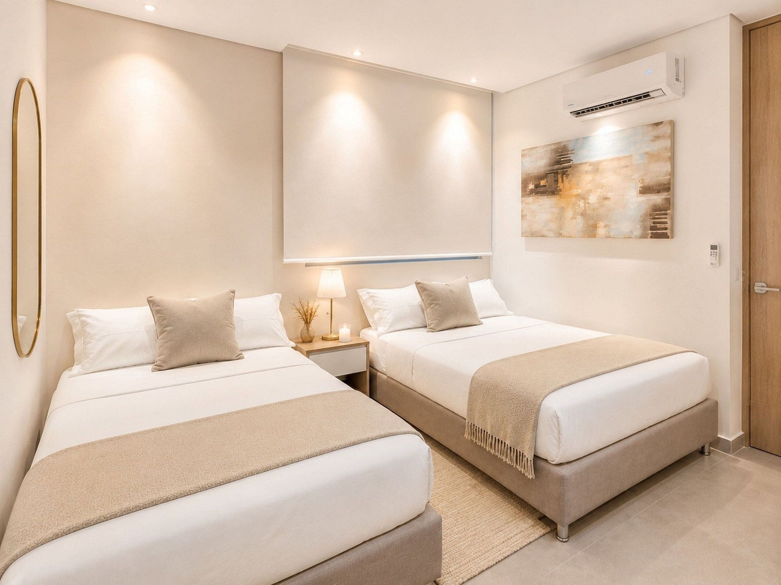 A hotel room with two beds, a wall-mounted air conditioner, and a painting.
