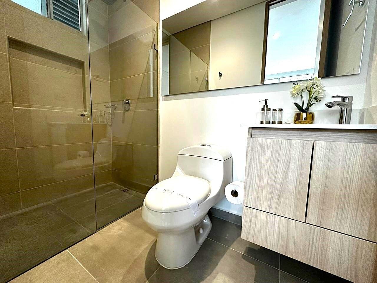A modern bathroom with a glass-enclosed shower, a white toilet, and a wooden vanity with a mirror above.