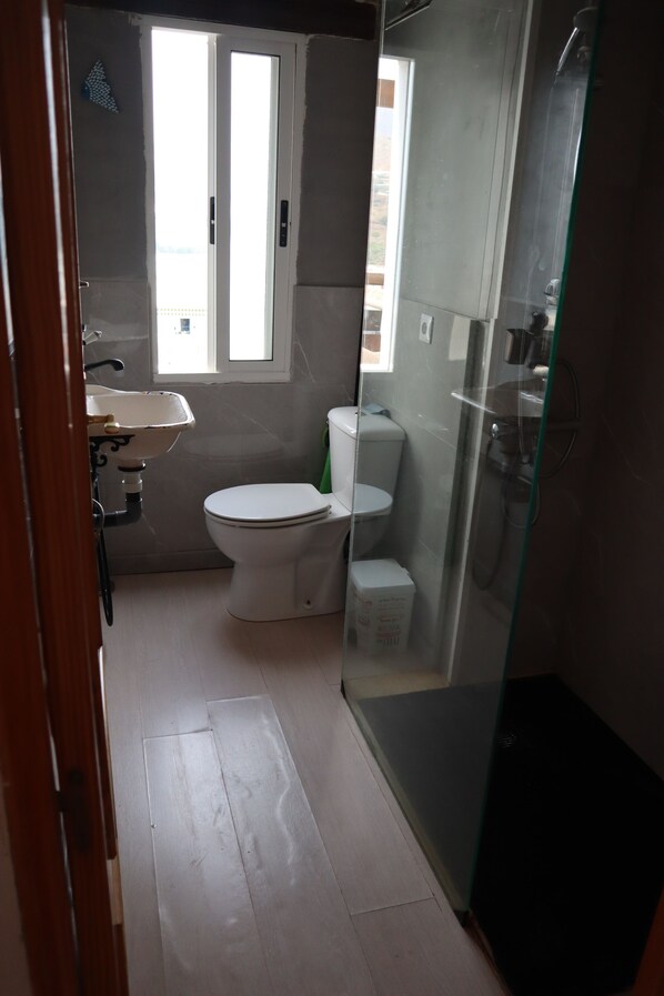A bathroom with a toilet, sink, and shower area.