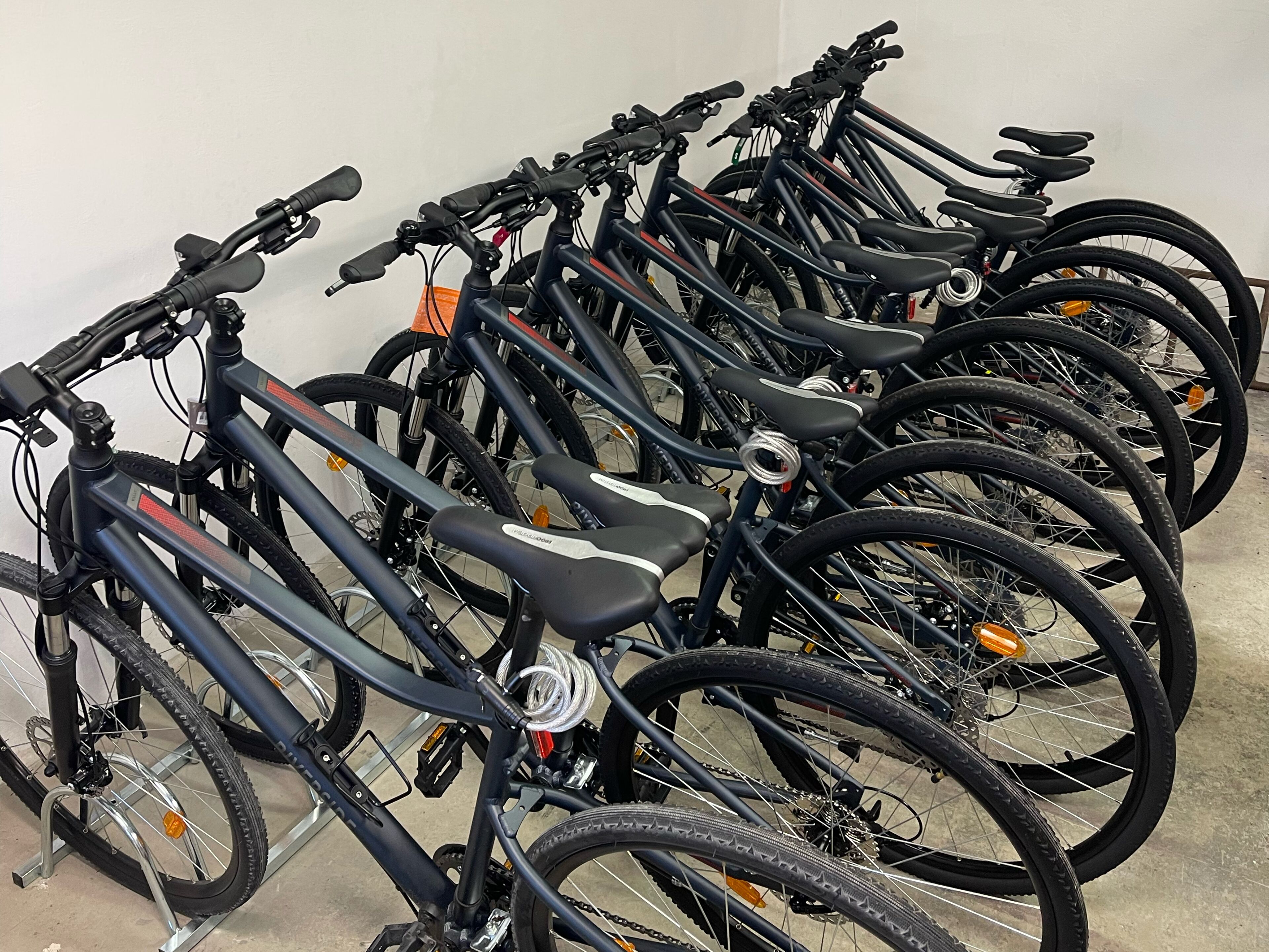 Une rangée de vélos est garée à l’intérieur, probablement dans un local de location ou de stockage de vélos.