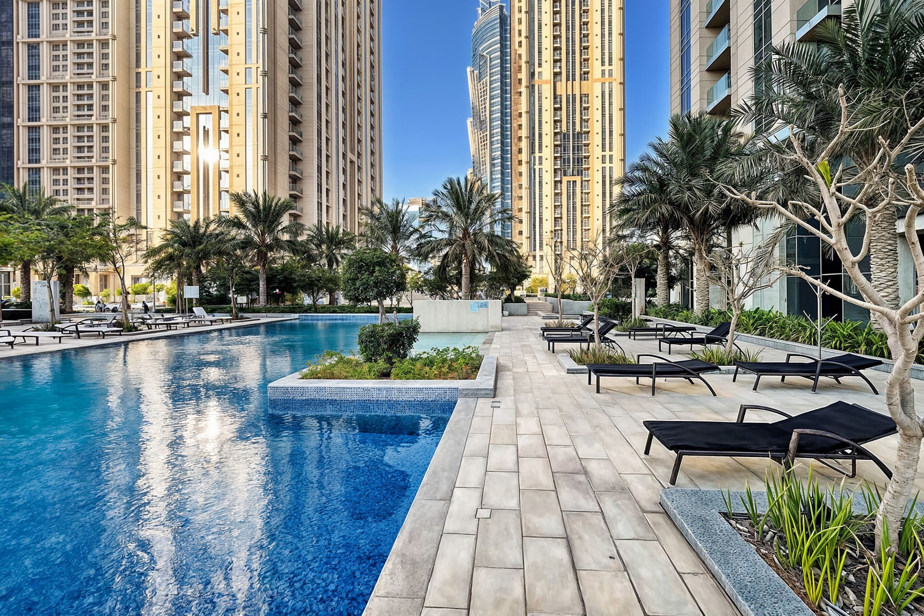 A swimming pool with lounge chairs and palm trees, surrounded by high-rise buildings.