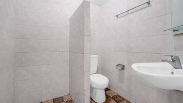 Un baño con inodoro, lavamanos y zona de ducha.