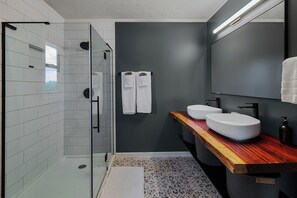 Shower, hair dryer, towels, toilet paper