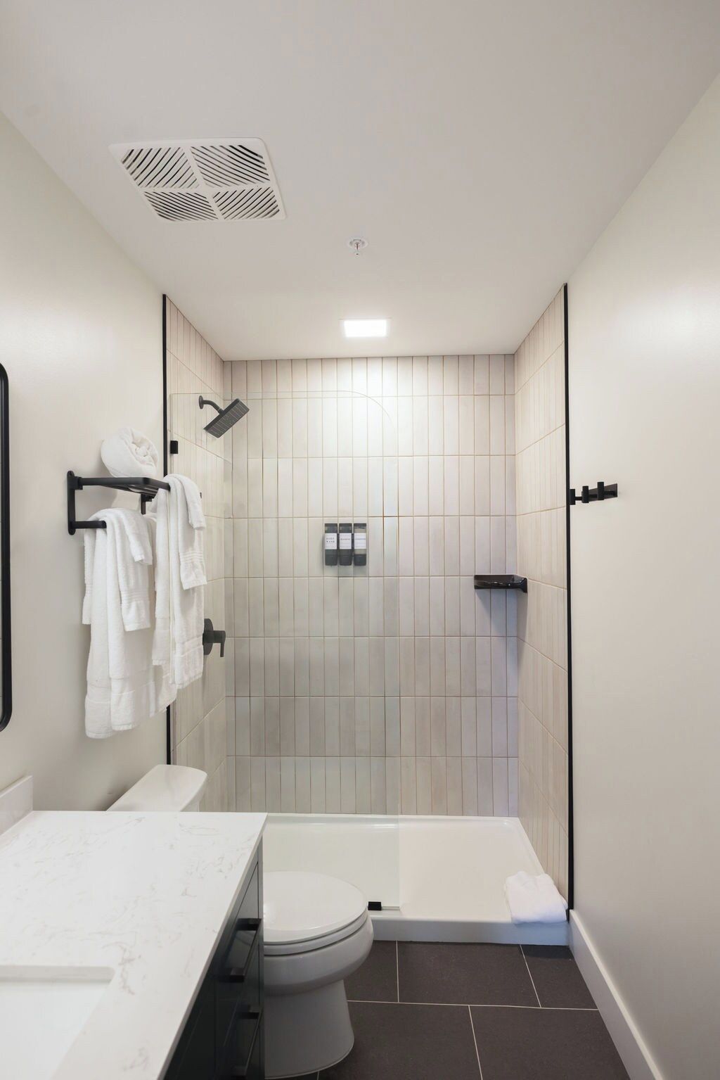 A modern bathroom with a shower, toilet, and sink.
