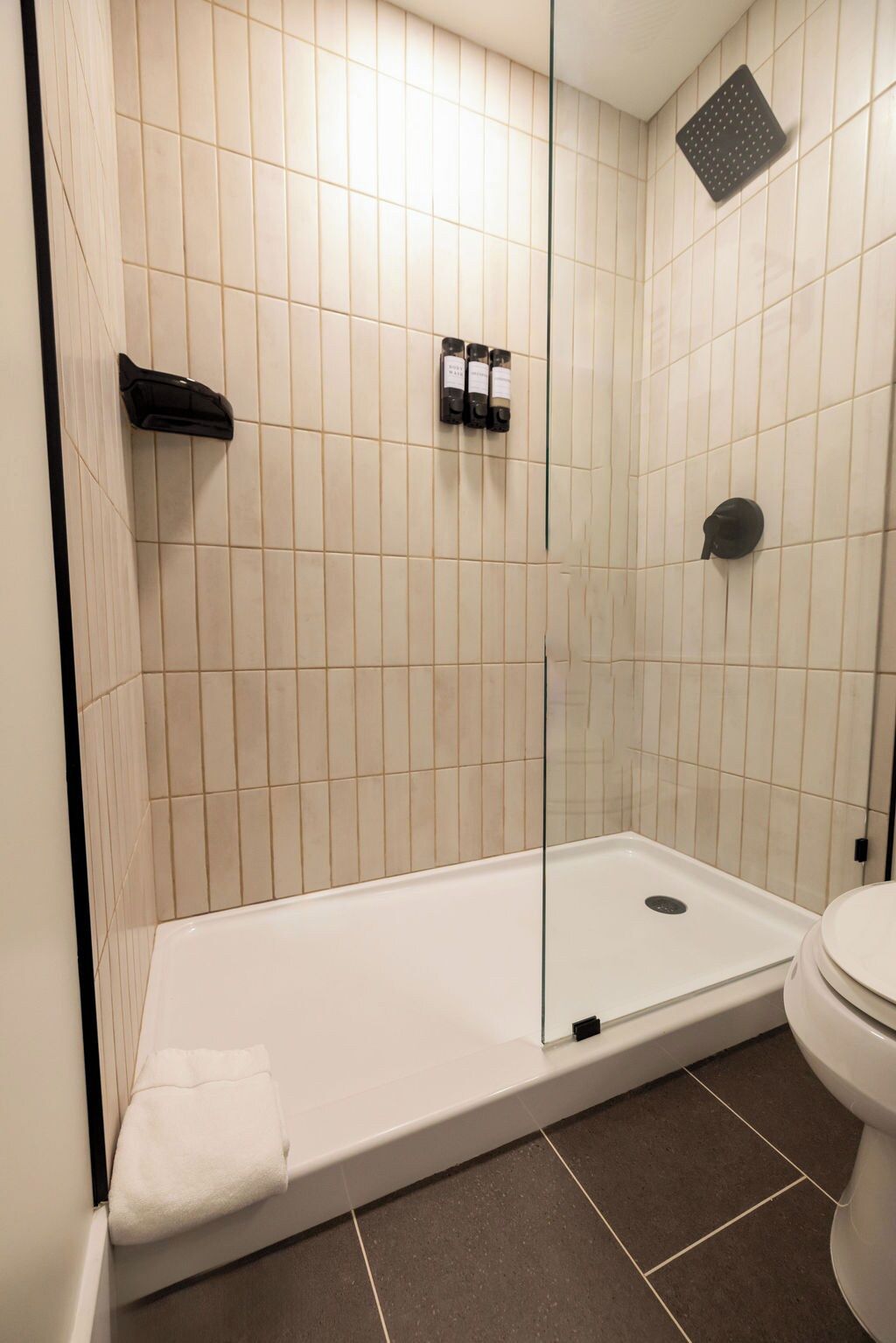 A bathroom with a shower, toilet, and a towel rack.