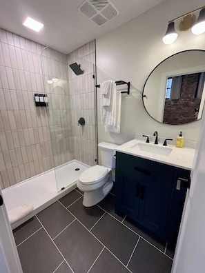A modern bathroom with a glass shower enclosure, a toilet, a sink with a mirror, and dark-toned cabinets. - Luxury Loft - Best Downtown Location (Toledo)