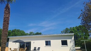 Un bâtiment moderne de plain-pied, doté d’un patio, d’un palmier et surplombant un ciel d’un bleu éclatant.