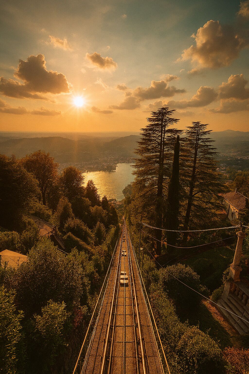 A railway track with a mountainous landscape and a body of water in the distance.