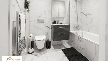 Hair dryer, towels, soap, toilet paper