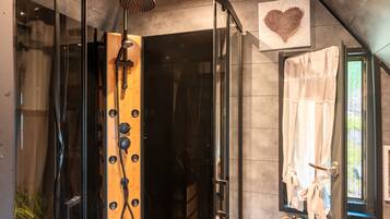 Regadera, secadora de cabello, toallas