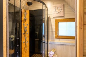 Shower, hair dryer, towels