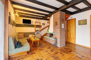 Télévision, cheminée, chaîne hi-fi