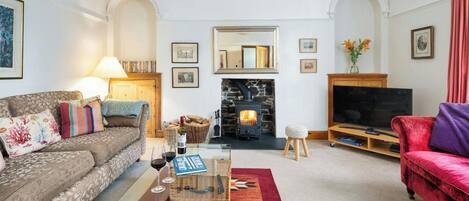 Télévision, cheminée, lecteur de DVD