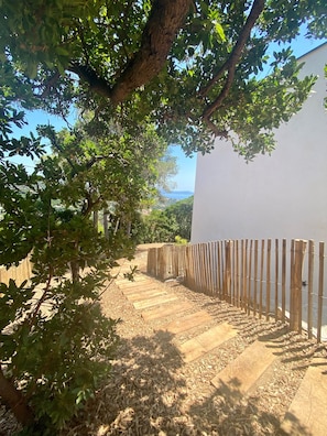 A pathway leading to a white building, surrounded by trees and a wooden fence. - NEAR ST TROPEZ, MAGNIFICENT VILLA WITH SEA VIEW, SWIMMING POOL, CLOSE TO BEACHES. (Cavalaire-sur-Mer)