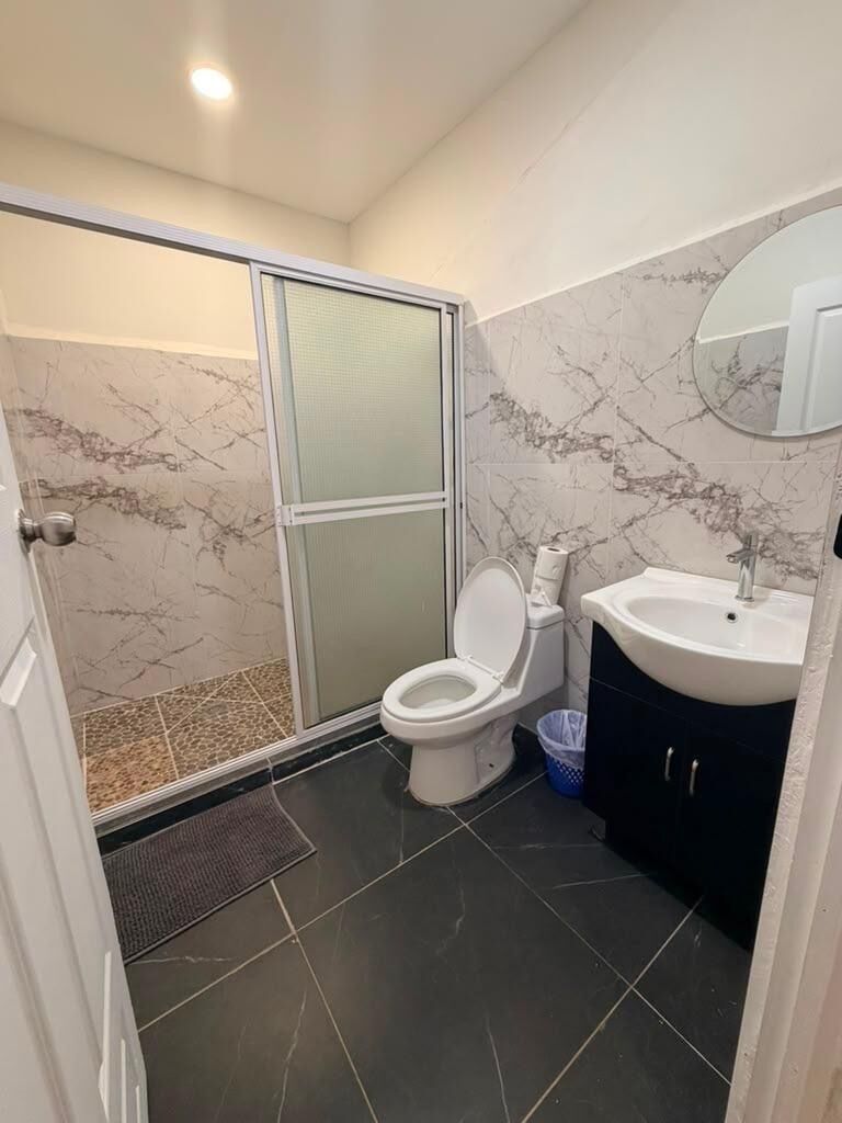Hair dryer, towels, soap, toilet paper