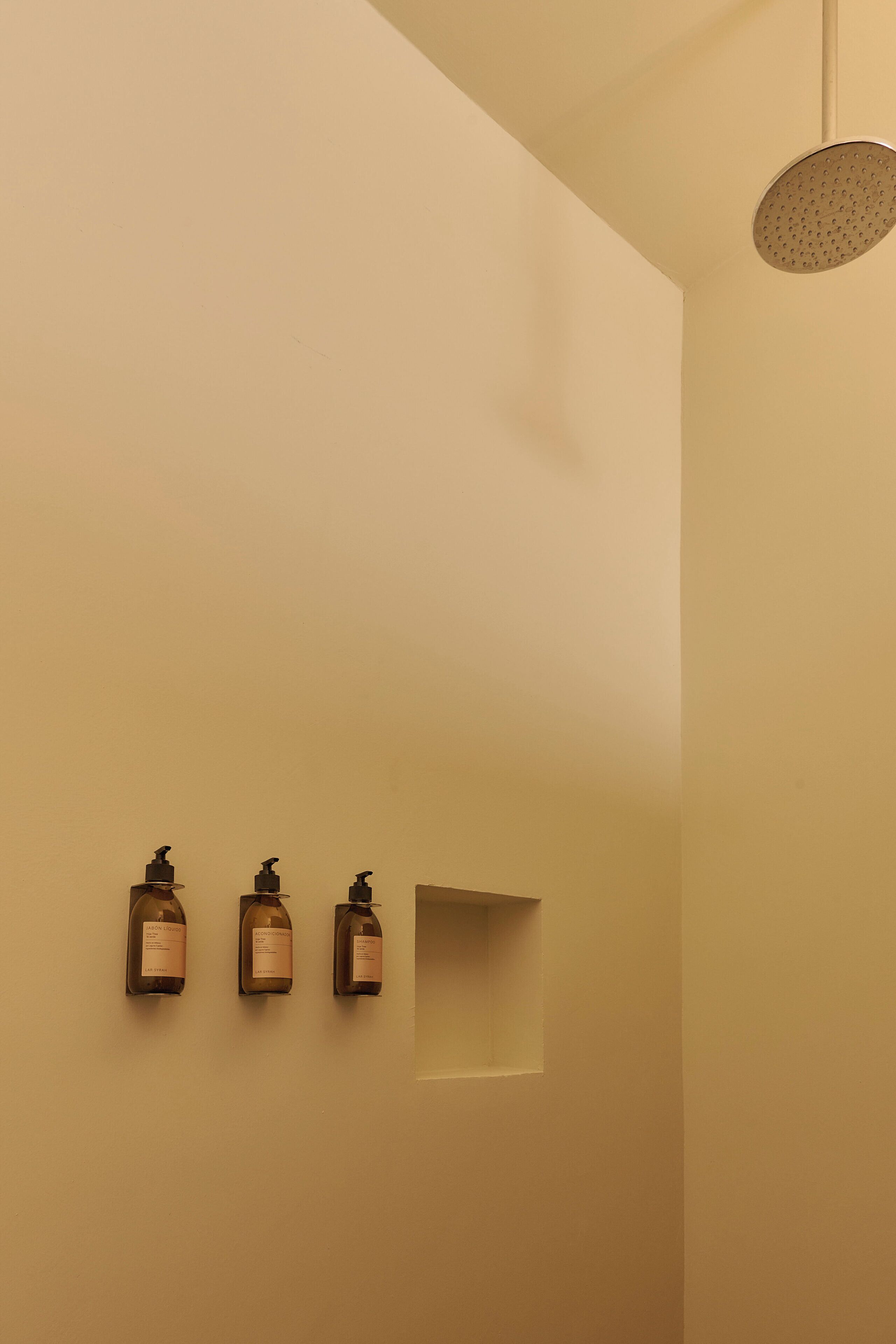 Baño con tres artículos de tocador montados en la pared y un cabezal de ducha.