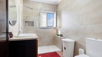 Shower, hair dryer, towels