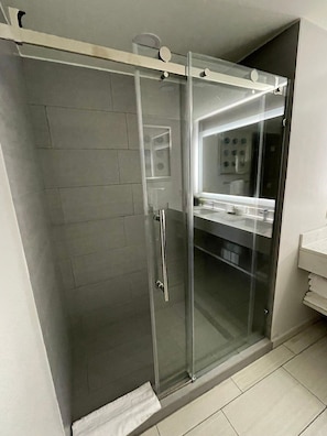 Hair dryer, towels, soap, shampoo