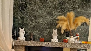 A fireplace with two white ceramic rabbits, a vase with dried plants, and a book on the mantel. - Maison Sainte Cécile near beach and shops, pets welcome (Camiers)