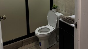 A bathroom with a toilet, a sink, and a shower area.