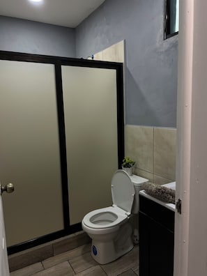 Secador de cabelo, toalhas de banho, sabonete, papel higiênico