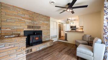 Smart TV, fireplace, table tennis, books