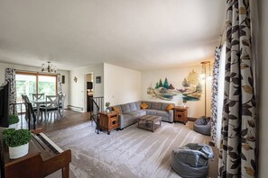 Smart TV, fireplace, ping pong, books