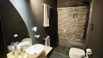 Shower, hair dryer, bidet, towels