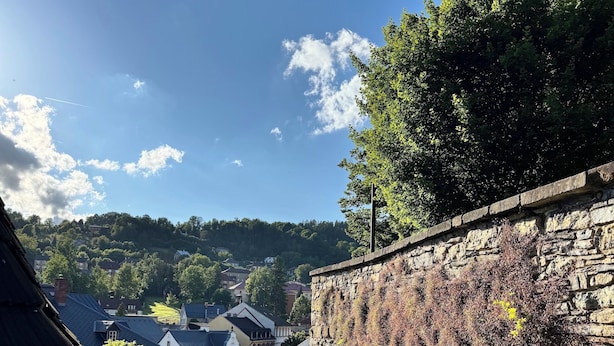 A stone wall with vegetation, a cobblestone path, and buildings in the background. - 4-Bedroom Luxury Apartment House with Café - 3 balconies with river view (Liberecký kraj)