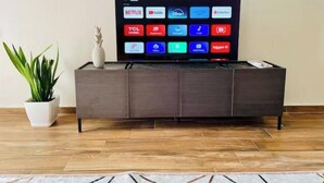 Un televisor de pantalla plana sobre un mueble bajo de madera oscura, con una planta en maceta a un lado.