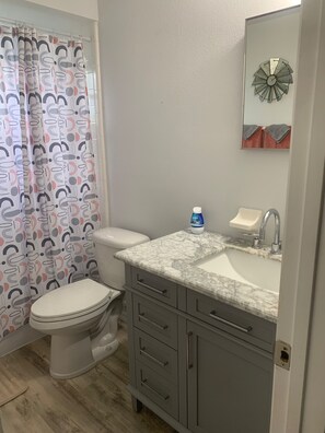 Hair dryer, towels, soap, toilet paper