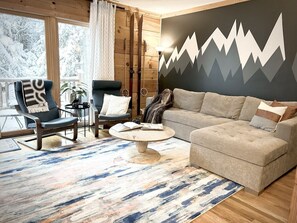 TV, fireplace, books